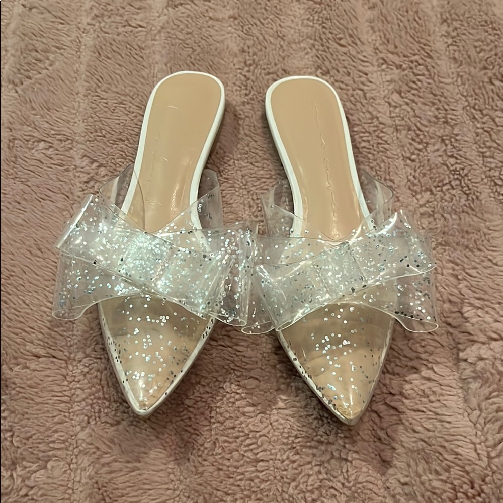 Women's Clear Glitter Bow Mules